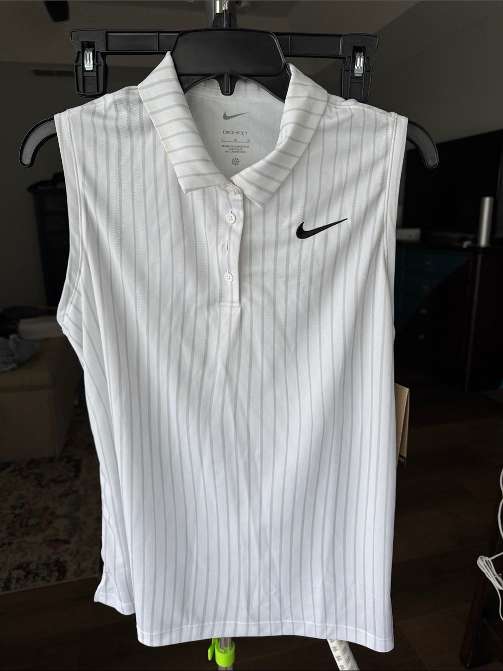 Nike White Sleeveless Polo Tank with Thin Gray Pinstripes